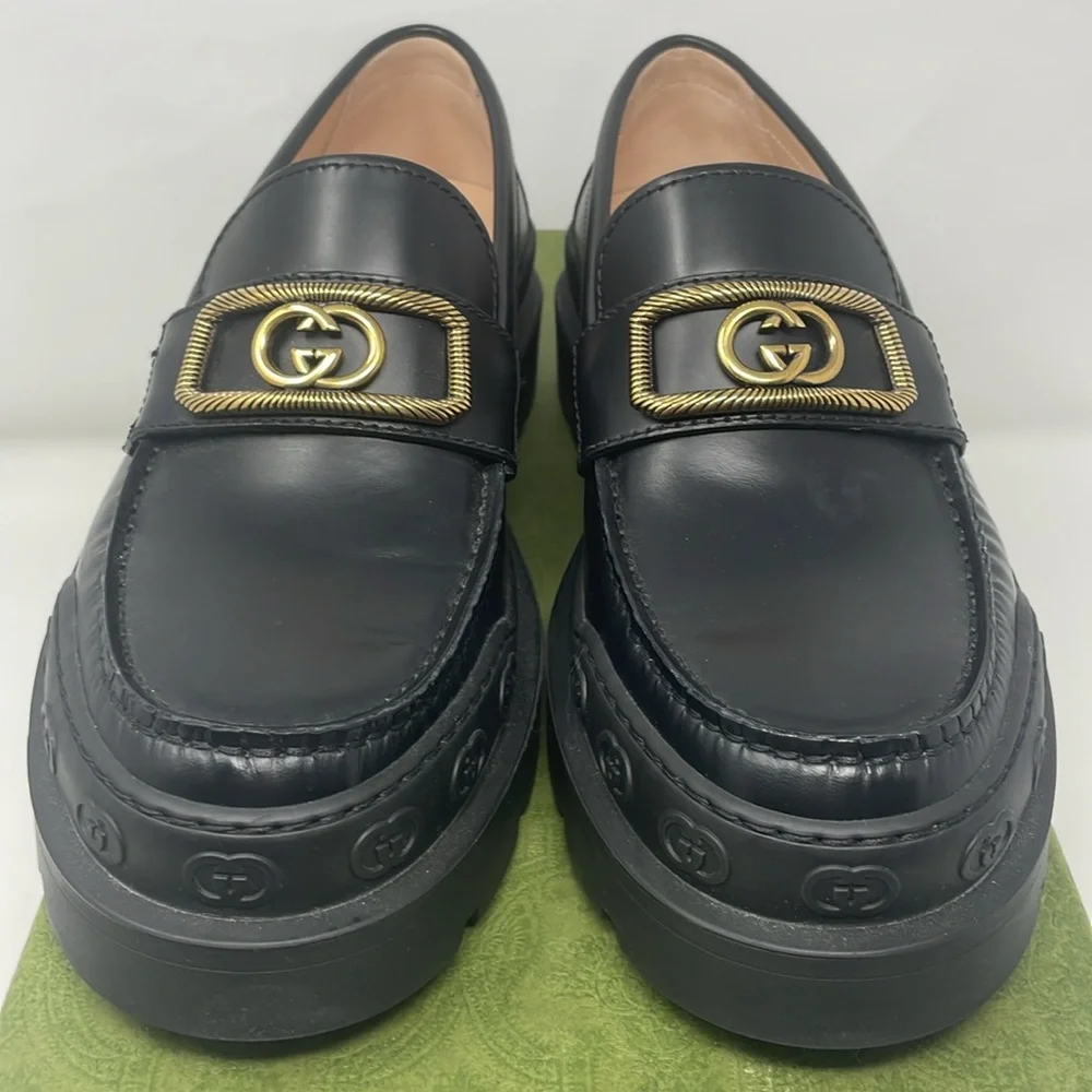 Gucci Sherlin Moccasin Millennial Ribot Black Gold Logo Leather Loafers Size 40